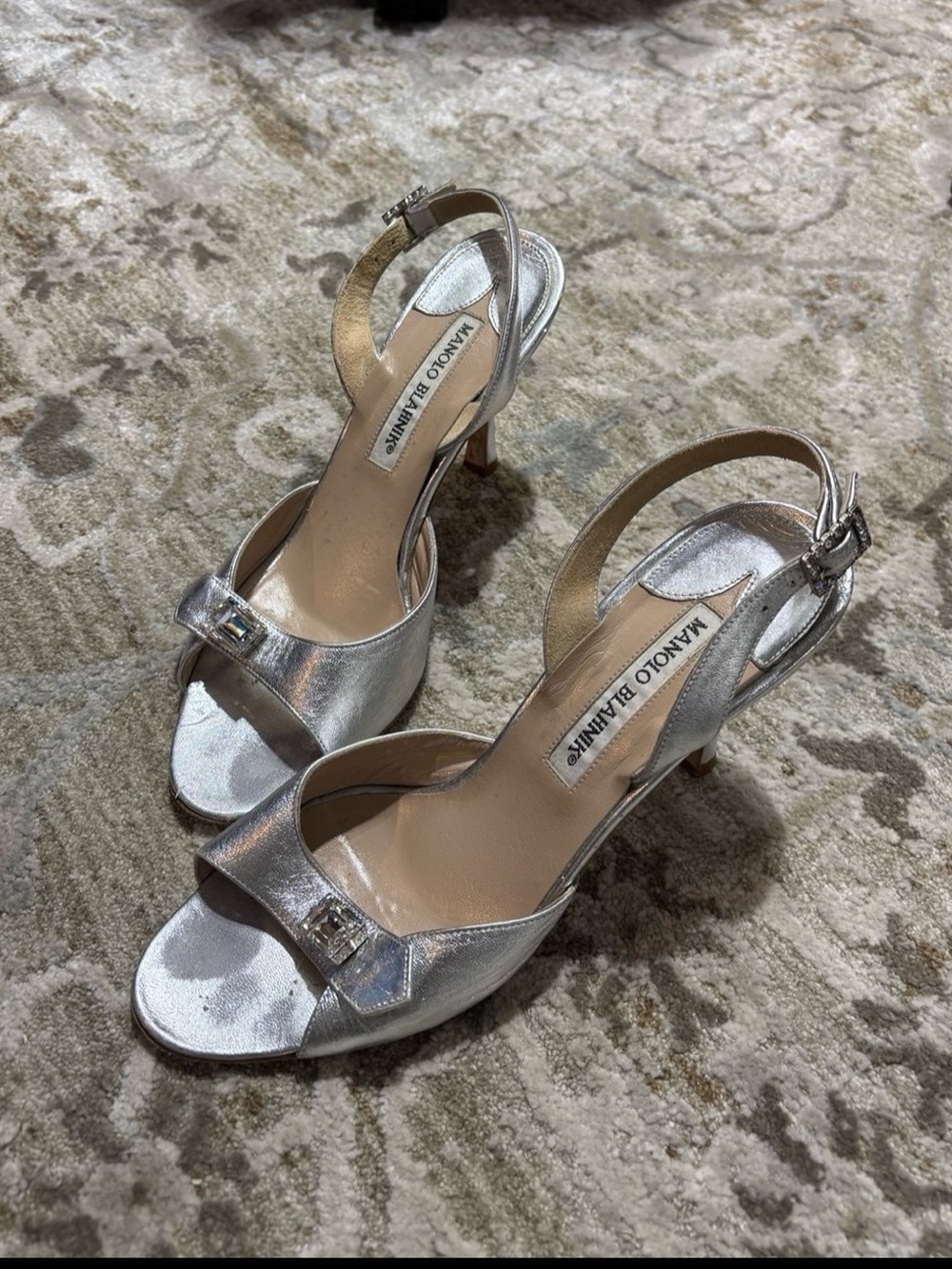 Manolo Blahnik Metallic Silver Open-Toe Slingback Heels size 6.5